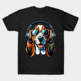 Basset Hound Smiling DJ with Headphones Japanese Art T-Shirt